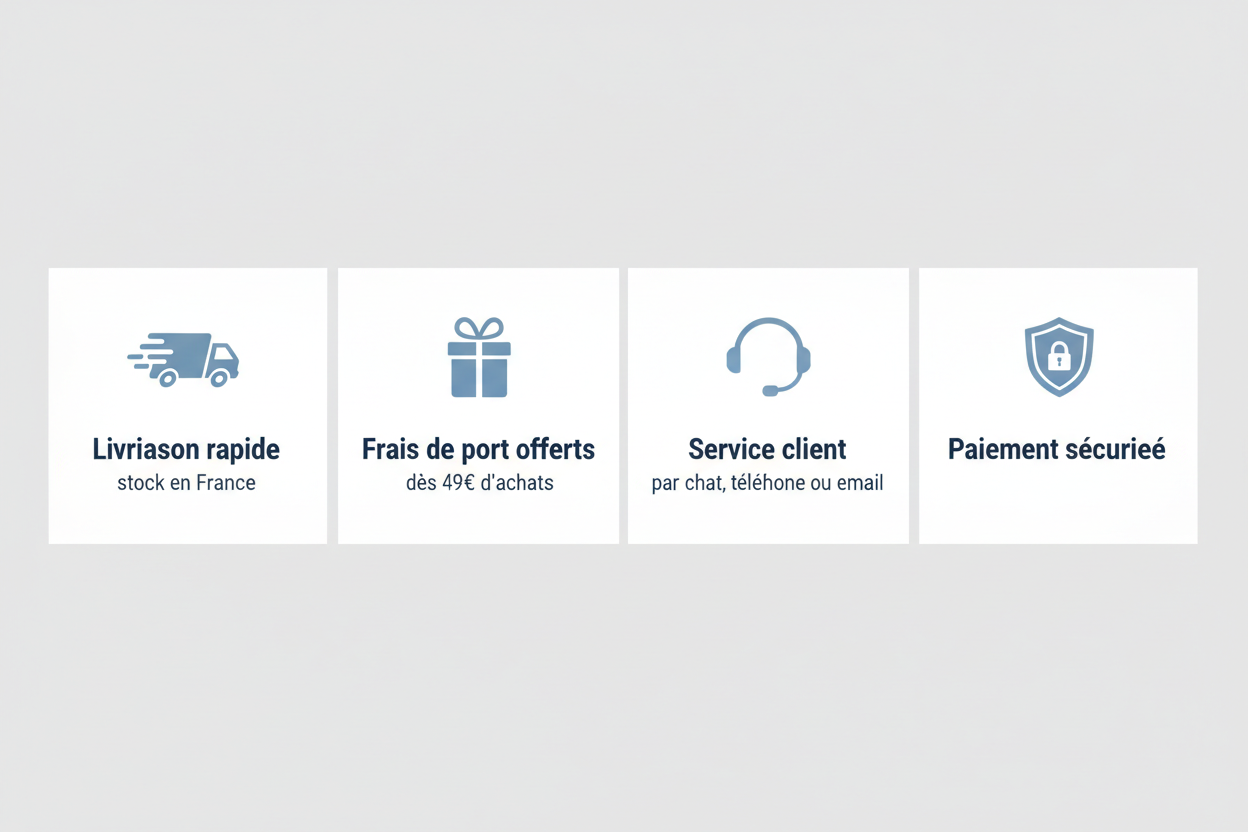 Livraison rapide
stock en France
Frais de port offerts
dès 49€ d'achats
Service client
par chat, téléphone ou email
Paiement sécurisé